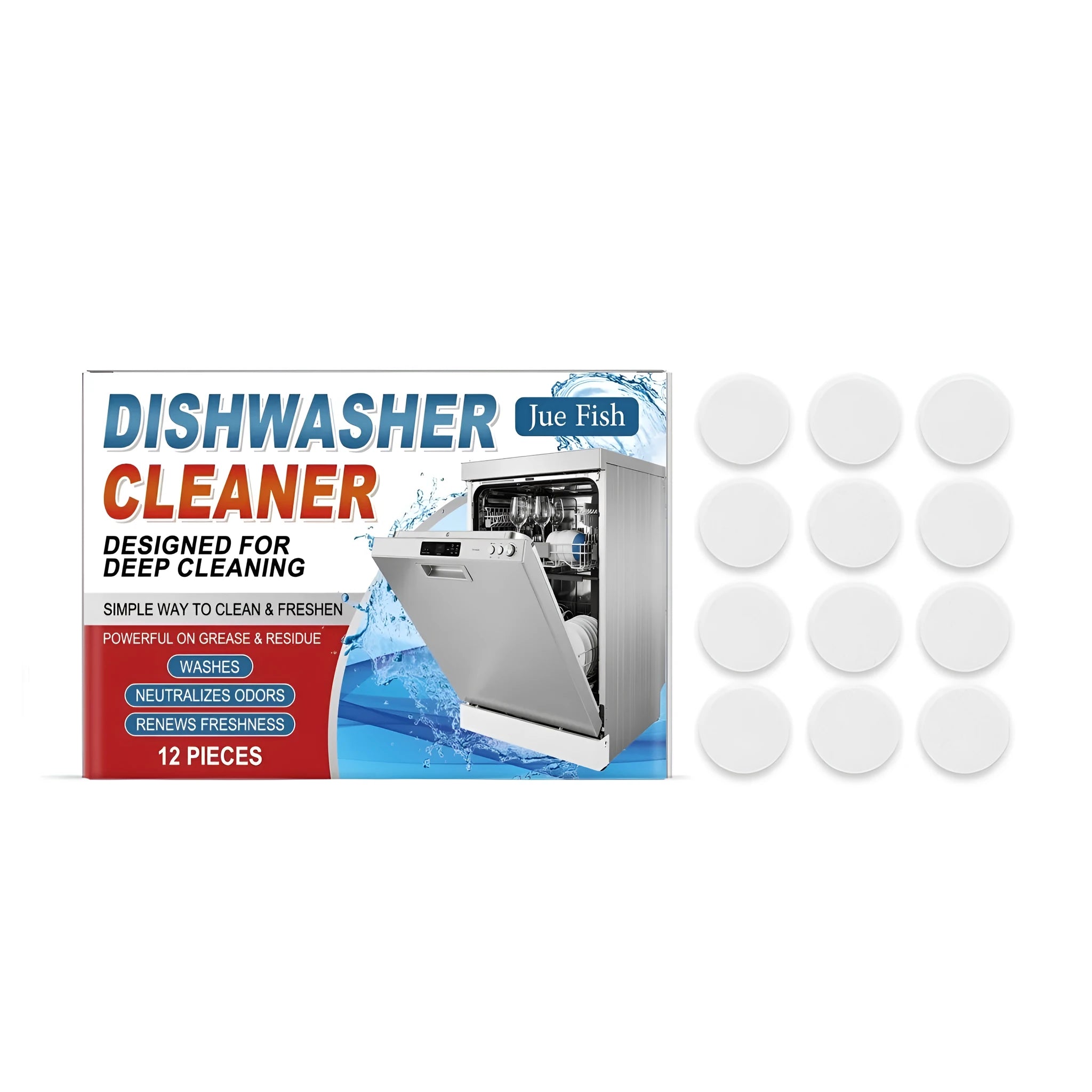 Box containing 12 household dishwasher cleaning tablets on a white background
