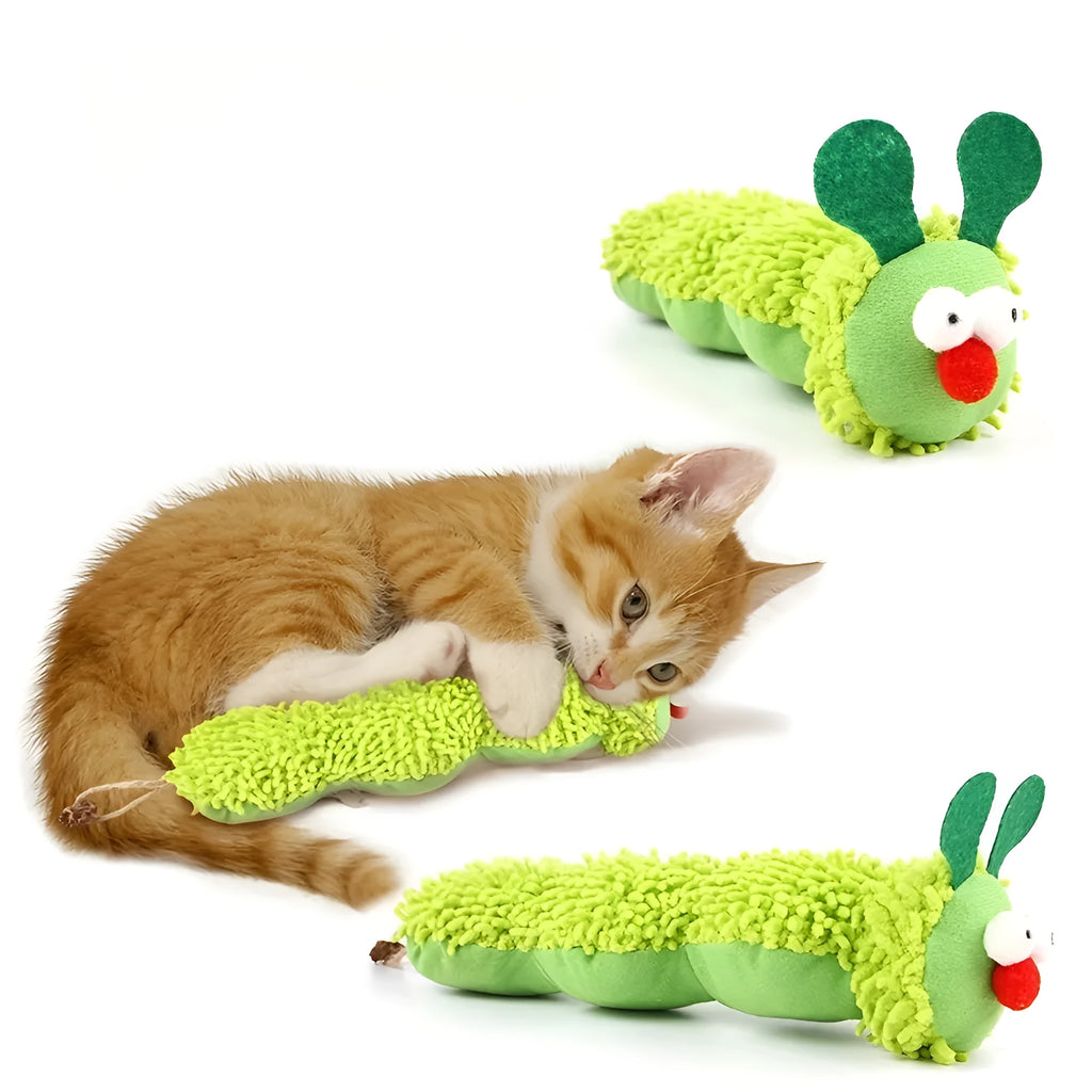 Green soft plush interactive cat toy pillow with rechargeable electronics