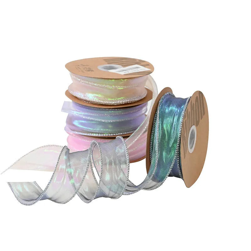 Fishtail yarn ribbon mesh with colourful wave pattern measuring 4cm wide for gift wrapping and decoration
