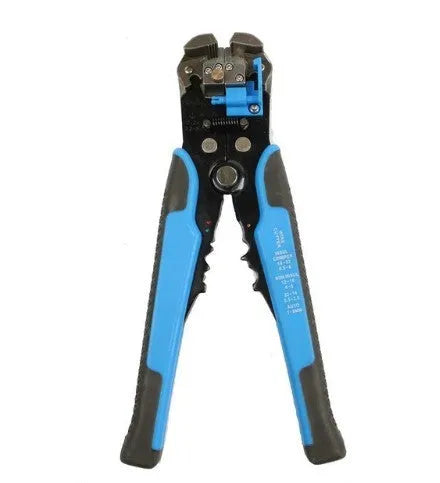 Yellow automatic 3-in-1 wire stripper, crimper, and cutter tool on a workbench.