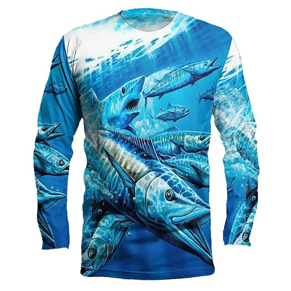 Men's grey round neck pullover top with a fish pattern print on the front.