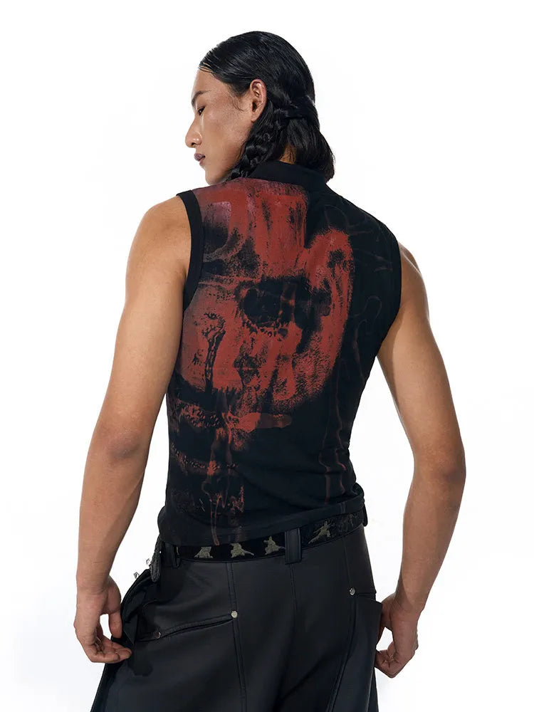 Black half-turtleneck slim-fit sleeveless t-shirt with a printed character design on the front.