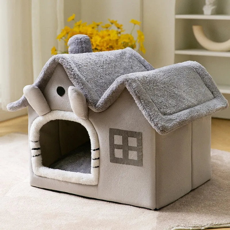 Foldable dog house pet cat bed in cave style with self-warming plush fur and non-slip bottom, available in multiple colours and sizes