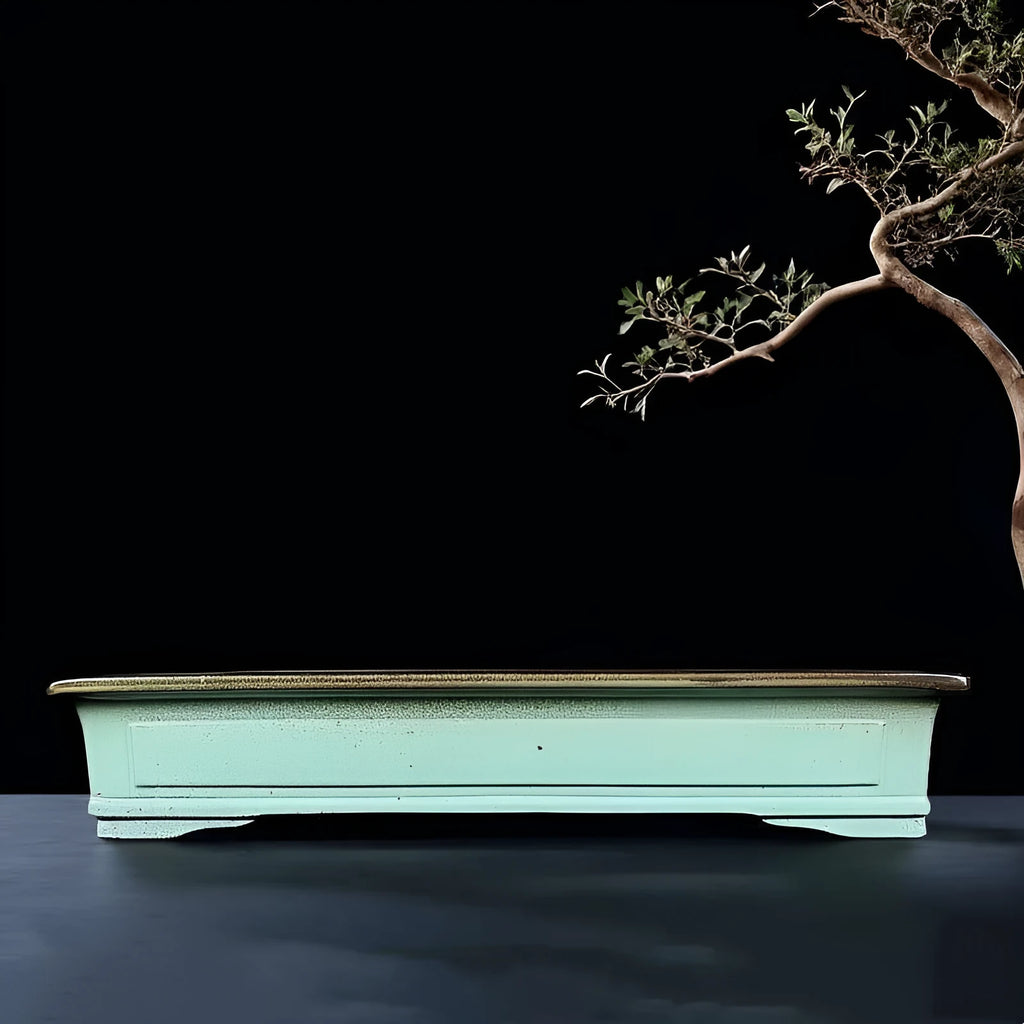 Handmade green ceramic bonsai pot with purple sand crackle glaze finish