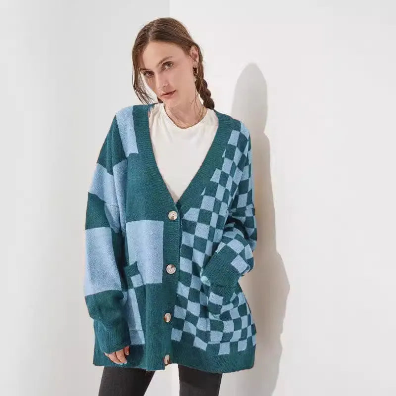 Printed checks knitwear cardigan in loose slim fit showing six colour options