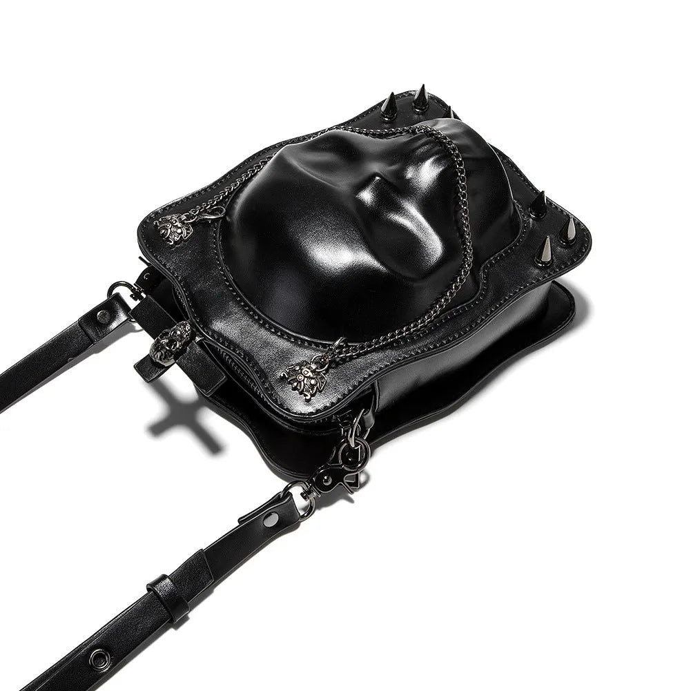 Black Gothic mini square messenger bag with embossed skull design, metal rivets, and a chain strap.
