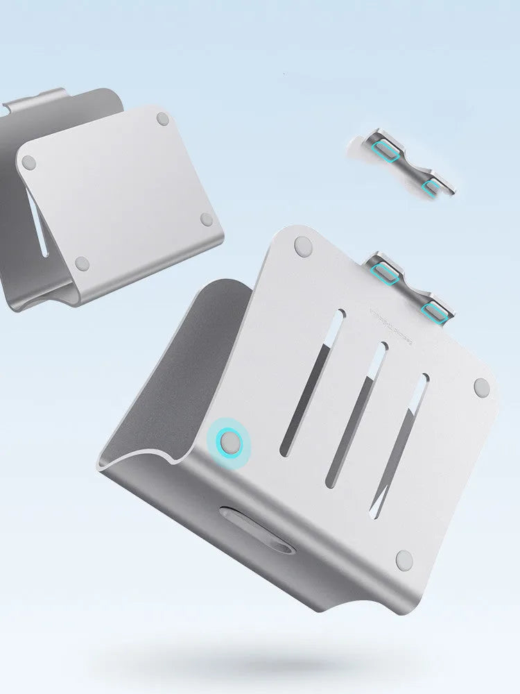 Aluminium notebook cooling bracket in grey colour with rotary adjustment mechanism.