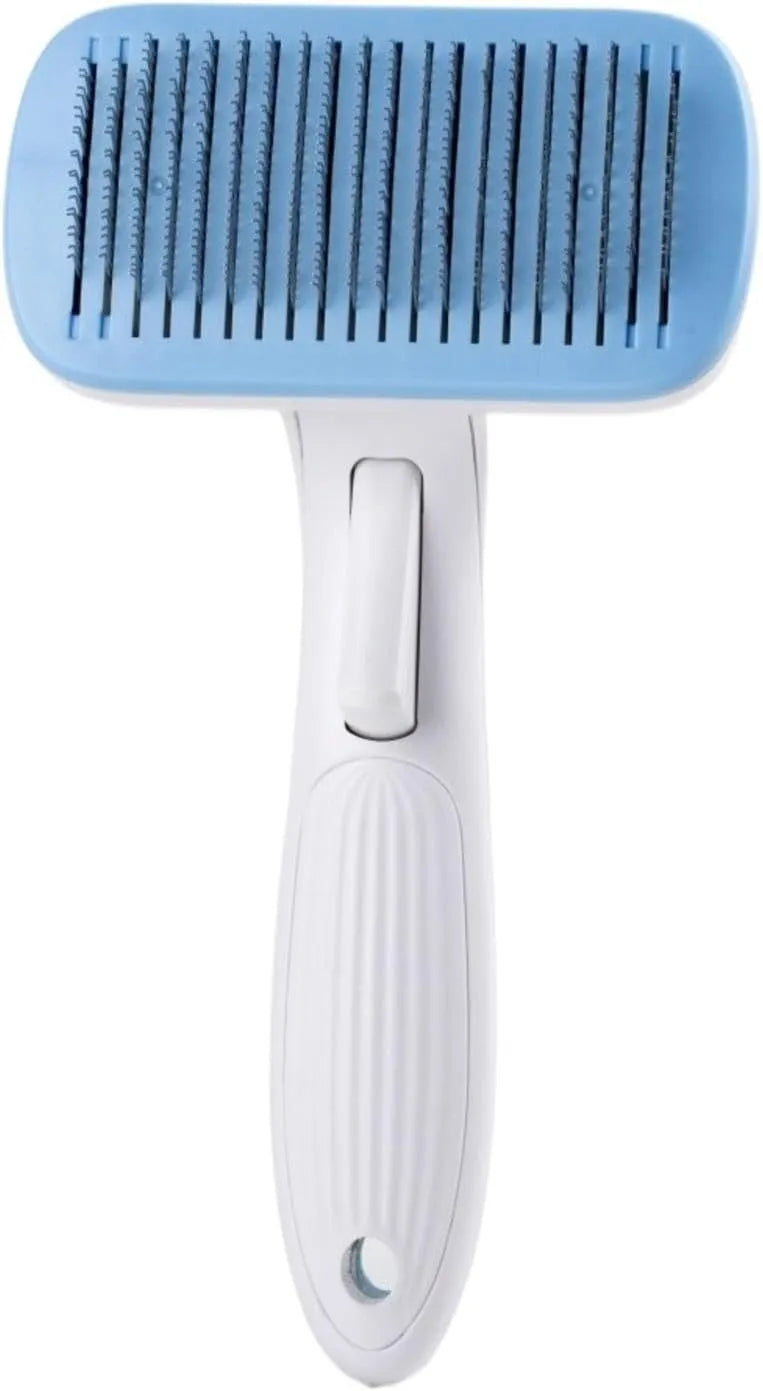 Automatic pet hair removal comb for dogs and cats showing colour options and dimensions