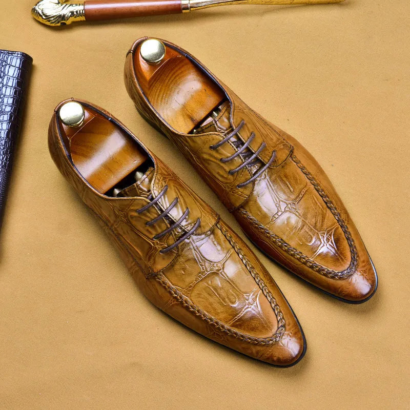 Men's black leather business shoes with alligator pattern styling and horse bit buckle detail