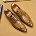 Men's black leather business shoes with alligator pattern styling and horse bit buckle detail