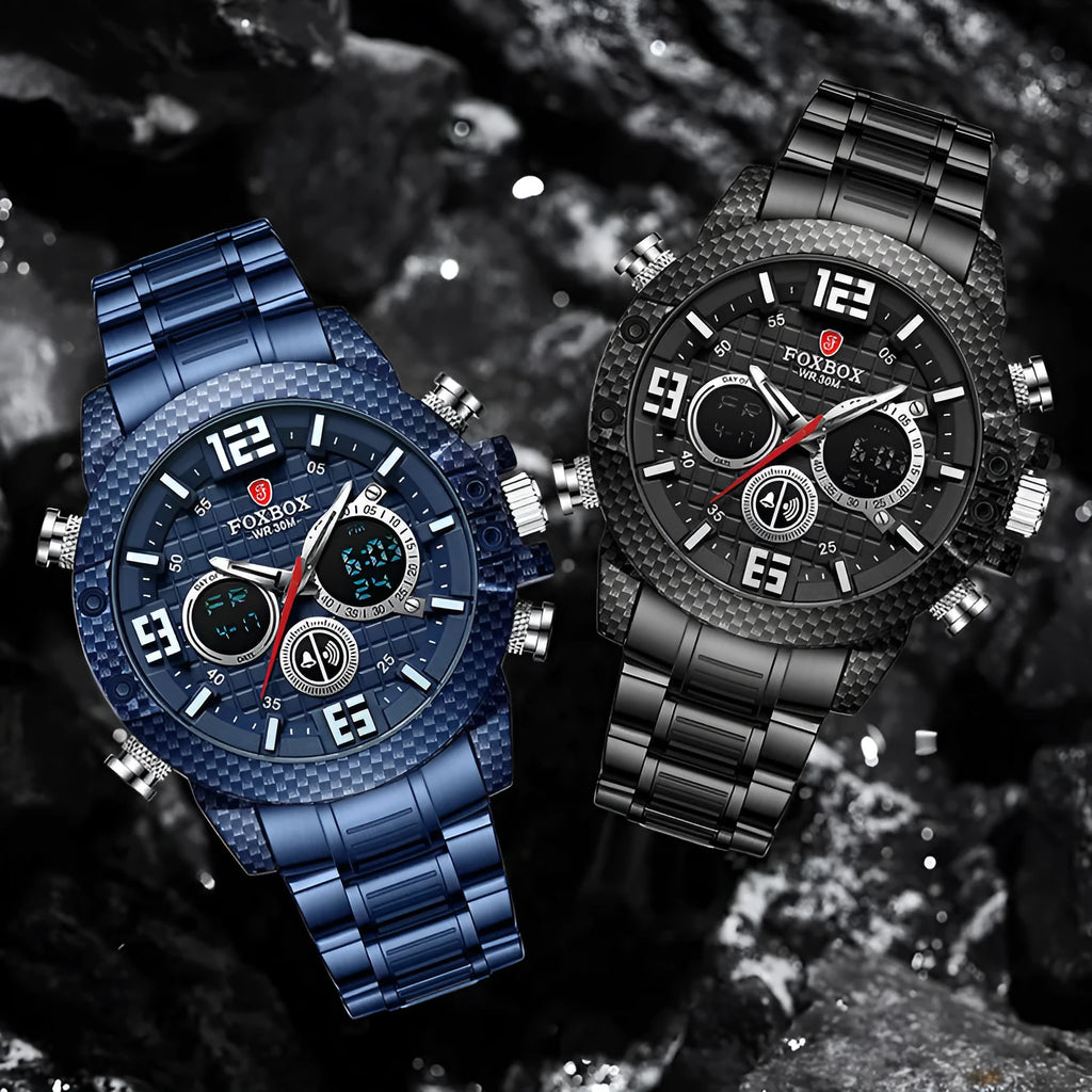 Dual display electronic watch with pointer and number, luminous dial, 44mm alloy case, black option