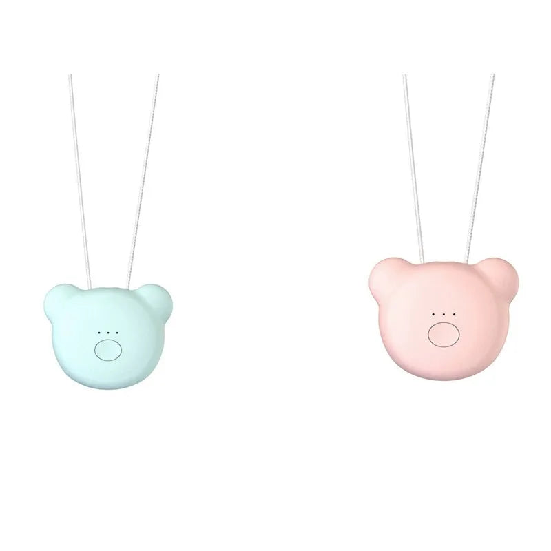 Mini USB portable air purifier necklace worn as a collar, showing pink and blue colour options.