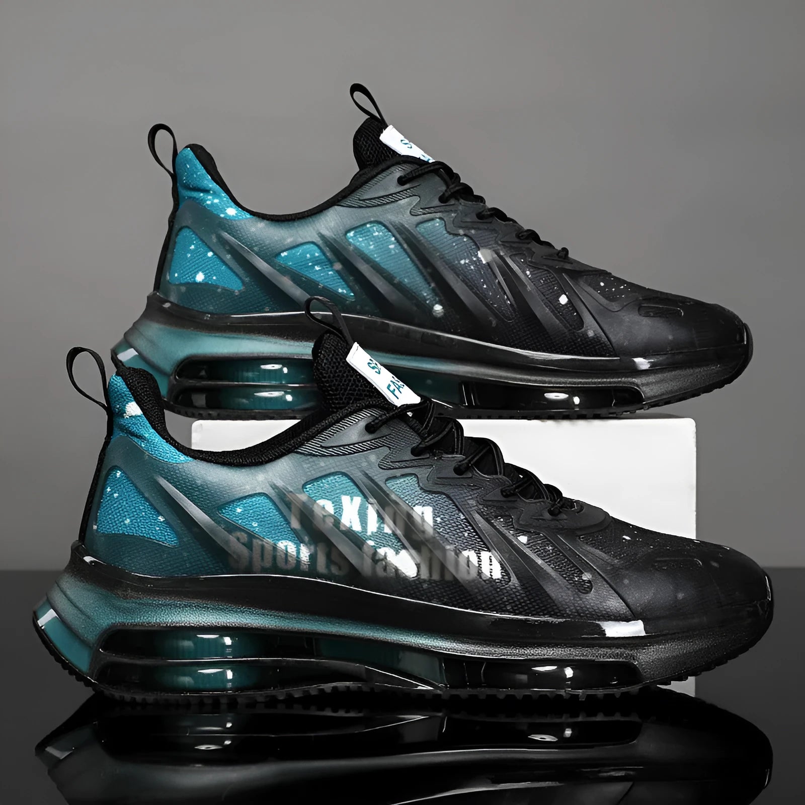 Men's platform casual running shoes in black-green colour with mesh upper and rubber sole