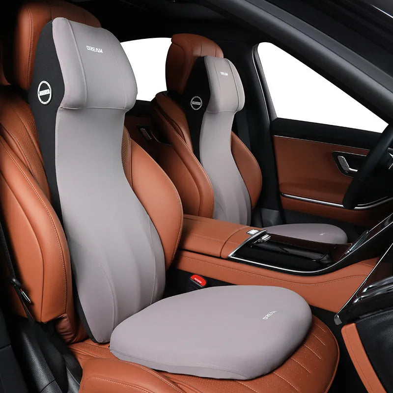 Automotive memory foam cushion with integrated headrest and lumbar support in multiple colour options