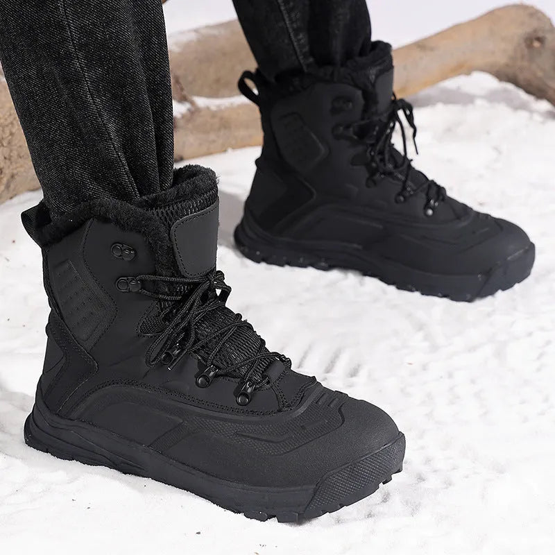 Men's black fleece-lined high-top boots with velvet interior and lace-up front closure