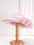Beige polyester western denim top hat with a conical crown and a silver hexagonal star decoration on the front.