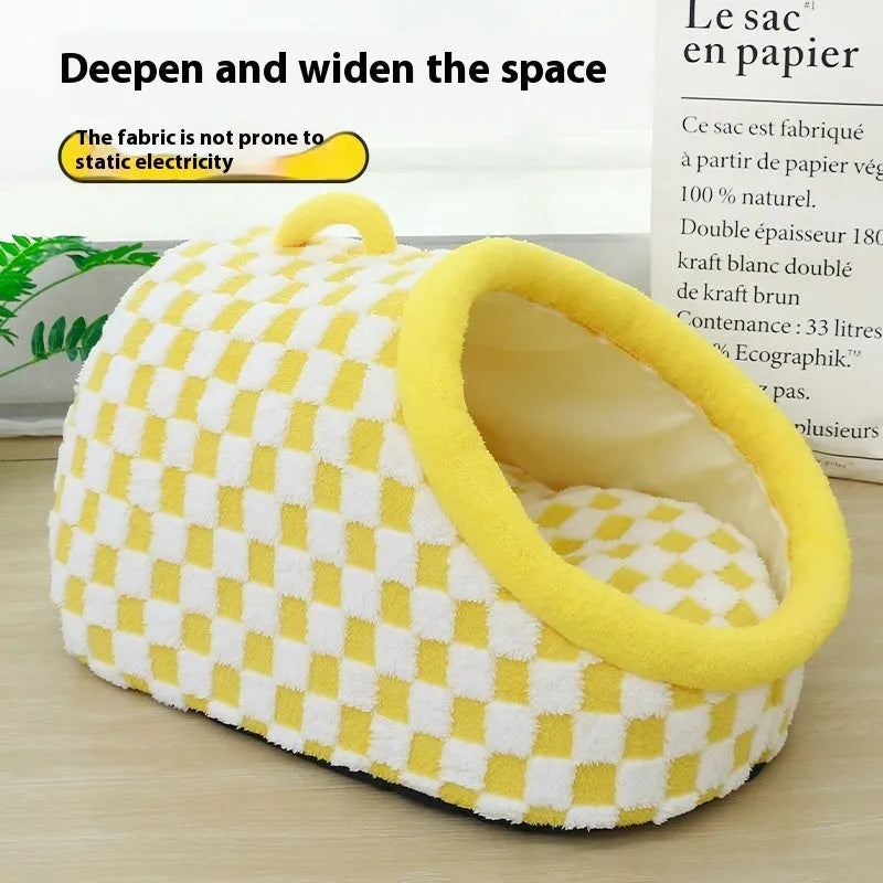 Four Seasons semi-enclosed dog bed in chessboard yellow, cloth material, 42x30x25cm size, for indoor use