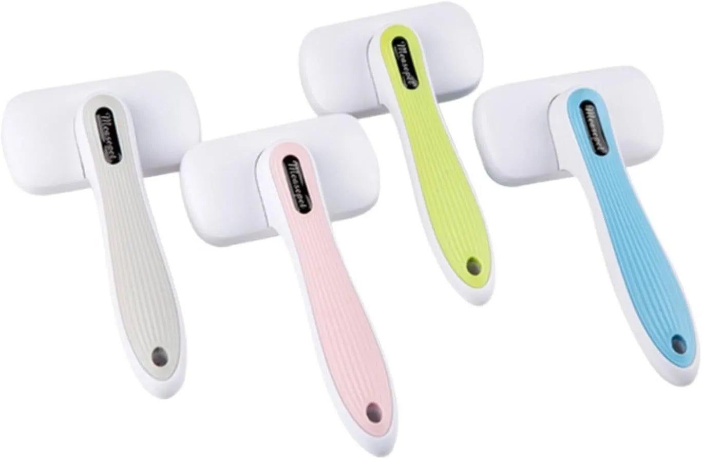 Automatic pet hair removal comb for dogs and cats showing colour options and dimensions