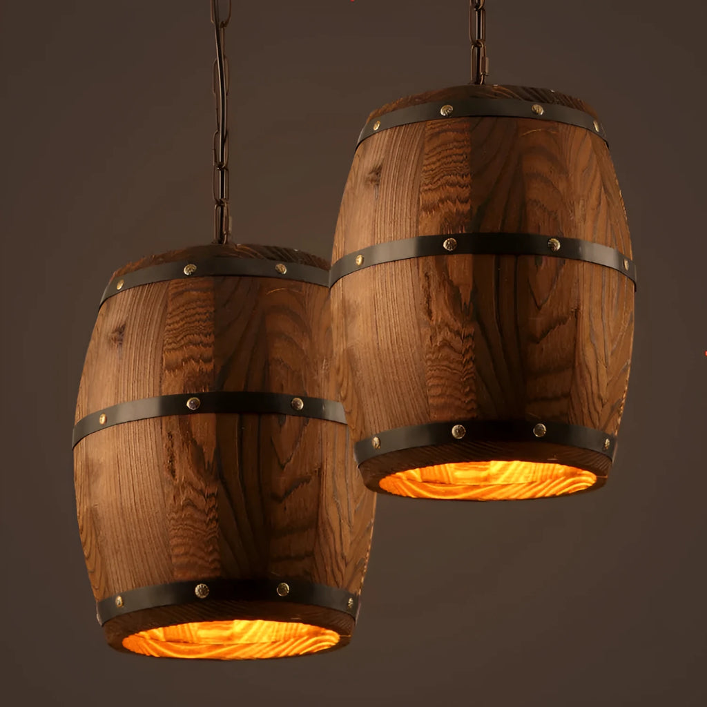 Creative wine barrel wooden chandelier with LED bulb and adjustable chain