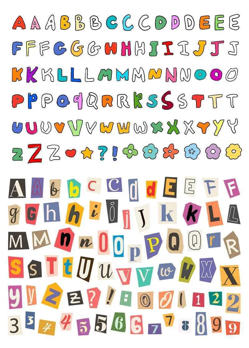 English letters and numbers symbol label stickers with alphabet sets and week words