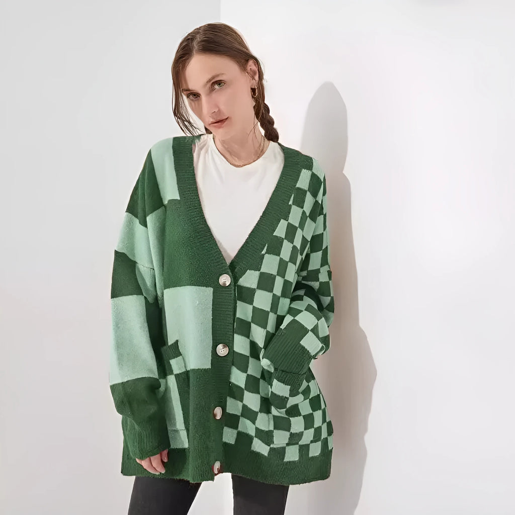 Printed checks knitwear cardigan in loose slim fit showing six colour options