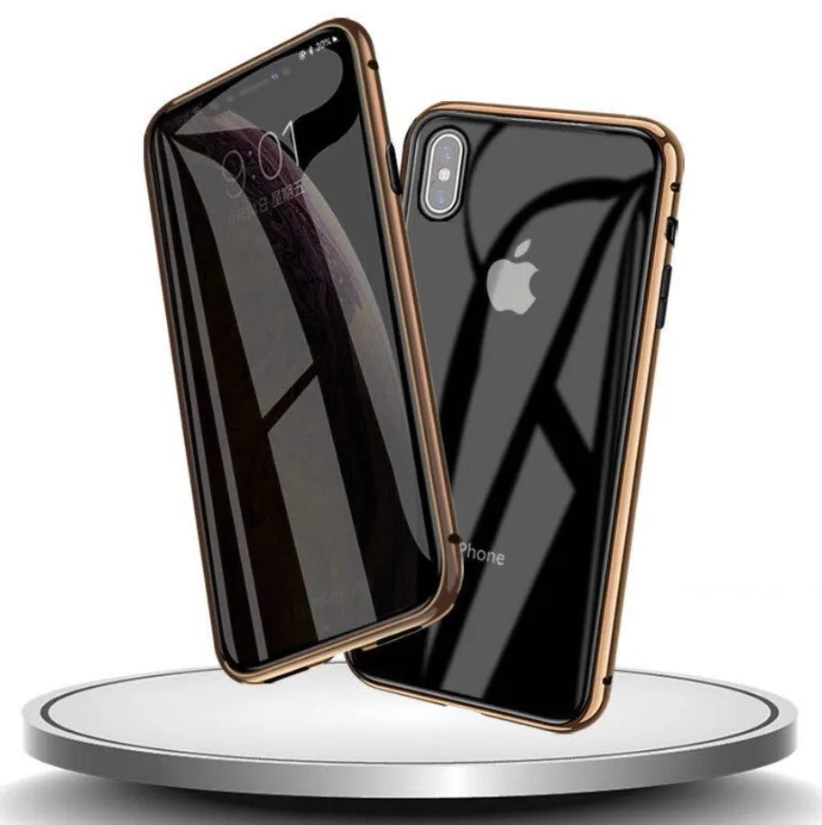 Black glass anti-spy clamshell privacy case for iPhone, shown open and closed.