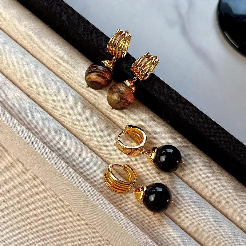 Gold-plated tigereye geometric earrings in French retro style with round elements