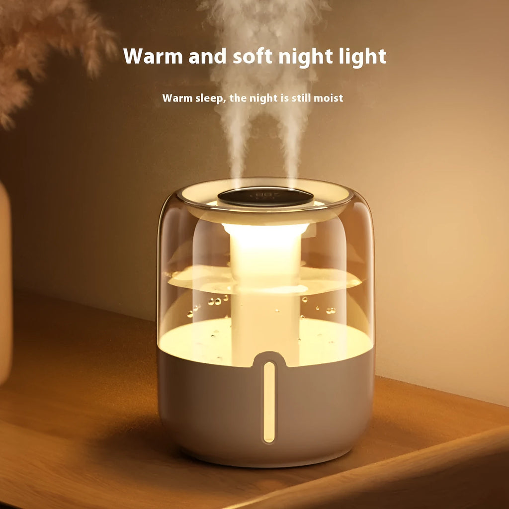 Beige round USB humidifier with dual spray nozzles, night light, and humidity display