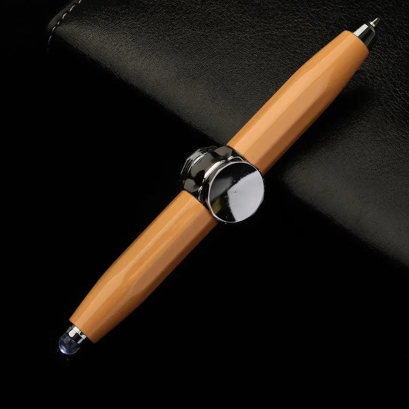 Metal gyro ballpoint pen with LED spinner, shown in multiple refill colour options.