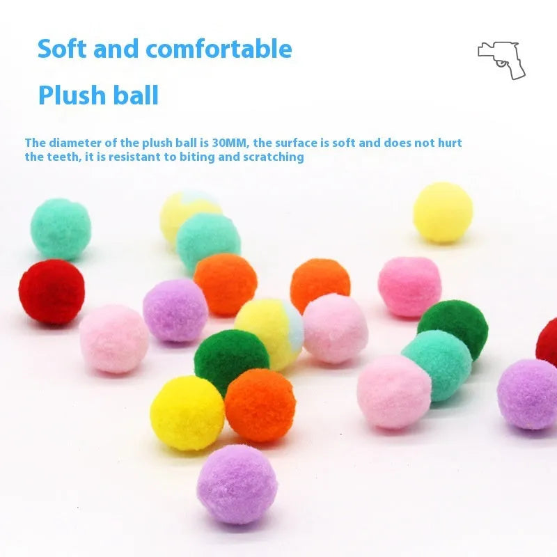 Interactive pet toy gun with plush yarn balls for dogs and cats indoor play