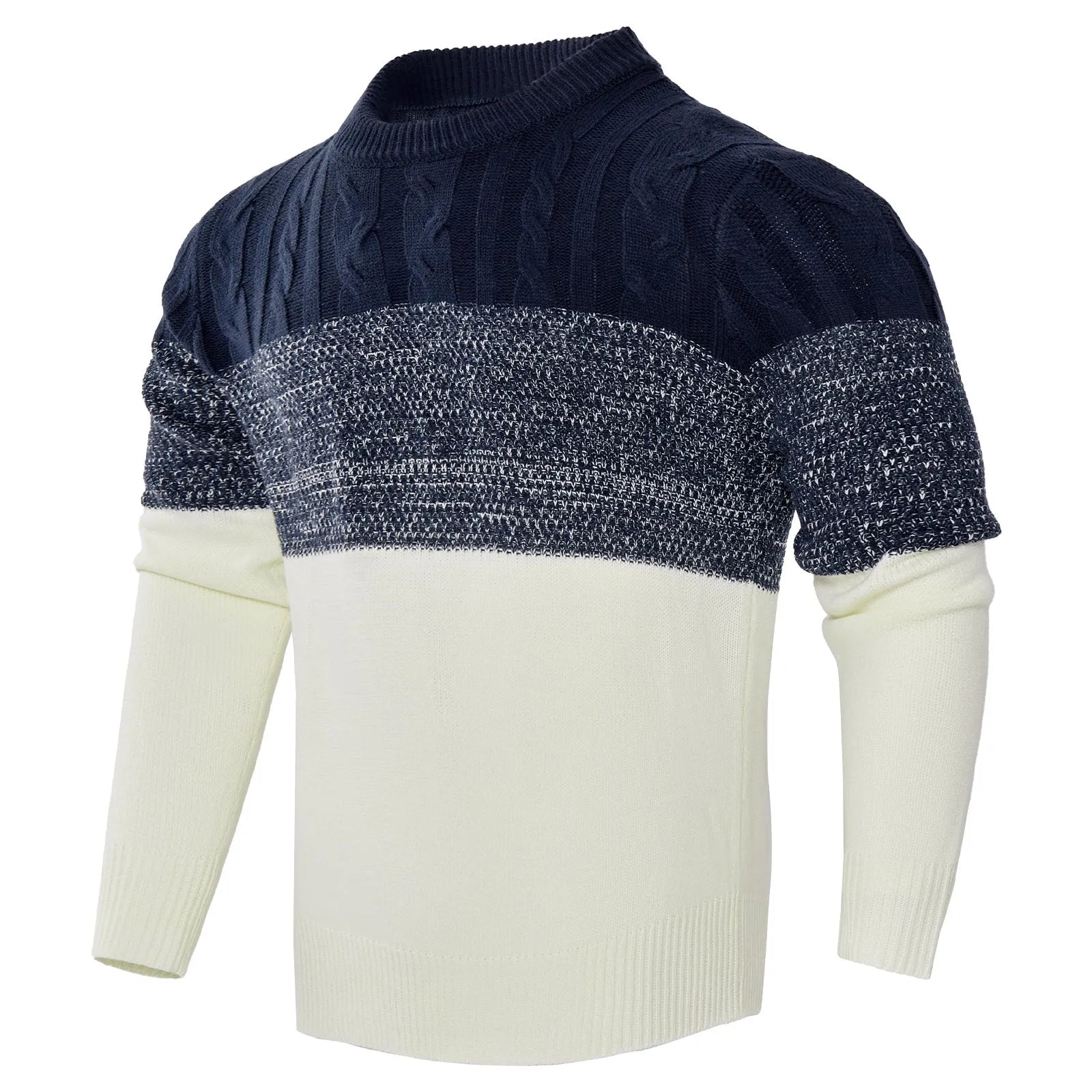 Men's knitted long-sleeve pullover sweater shown in multiple sizes and style variations.