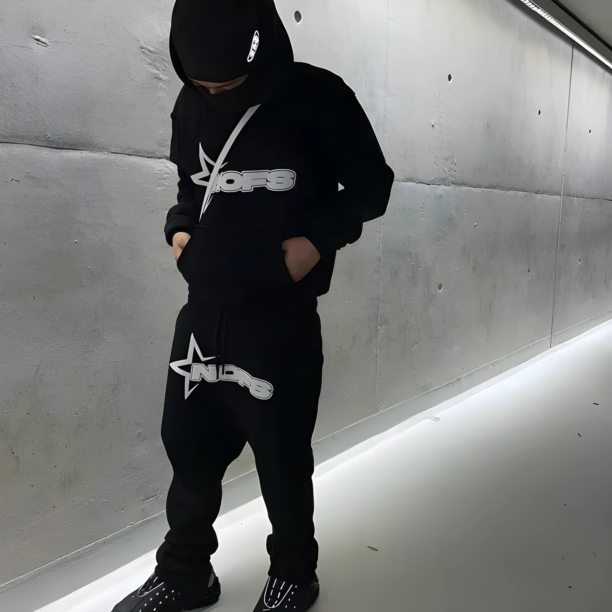 Unisex Gothic punk two-piece streetwear set with hooded sweater and matching trousers in light gray with white lettering