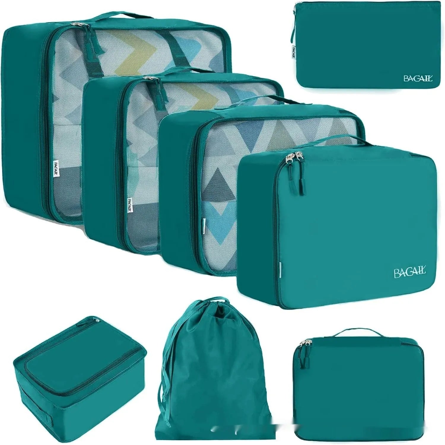 Eight cubic travel packing bags in various colours including beige, black, pink leopard print, and white pink stripes