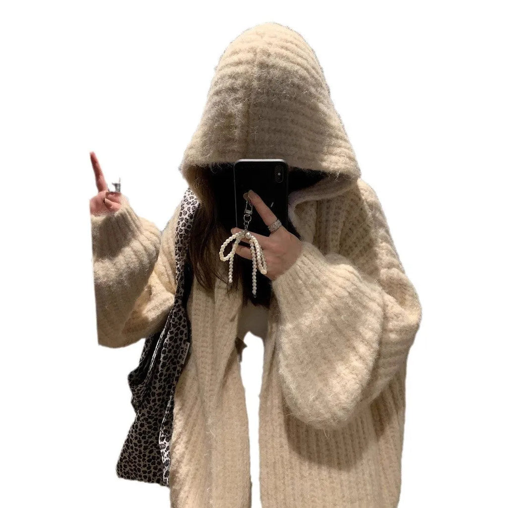 Women's dark grey retro Maillard hooded sweater cardigan with loose fit.