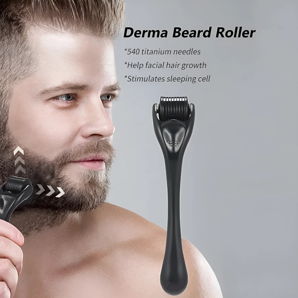 Black and purple derma rollers with titanium microneedles for face, beard, hair and scalp care