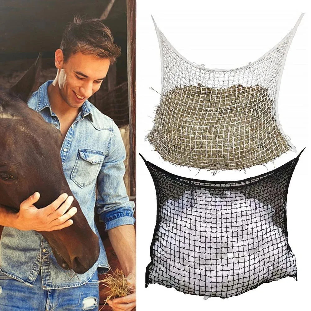 Woven PE rope grid horse feeding bag in black colour showing hanging design and weaving construction