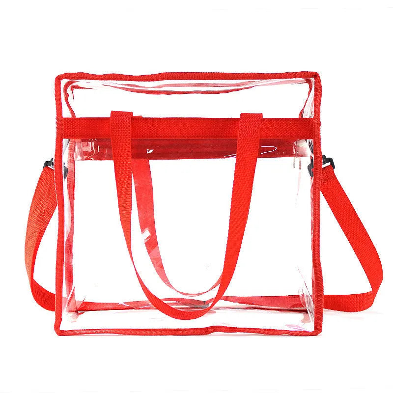 Women's transparent PVC messenger bag showing three-dimensional pocket and crossbody shoulder straps