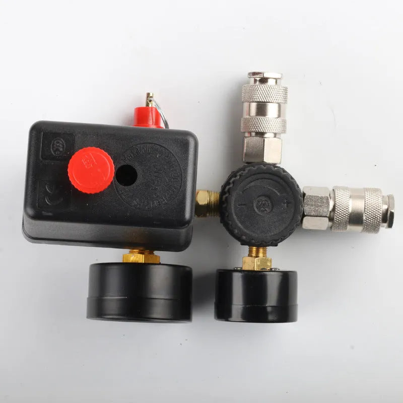 European style air compressor pressure switch with 12mm connector and voltage selector.