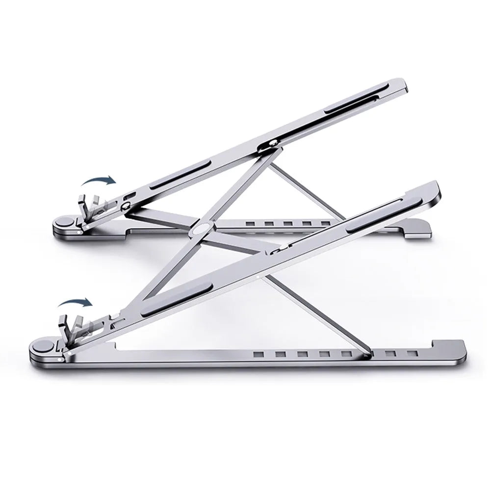 Portable aluminum laptop stand folded and unfolded, showing adjustable height and silver colour