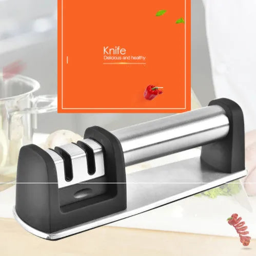 Black hand-held ABS kitchen knife sharpener on a white background.