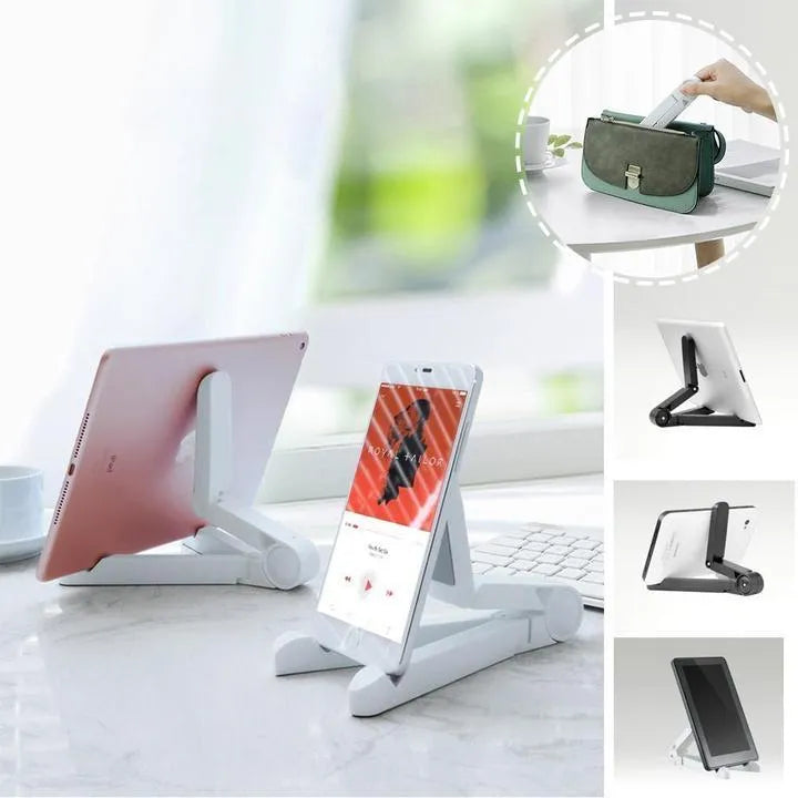 Black foldable tablet holder stand supporting a smartphone in landscape mode on a desk.