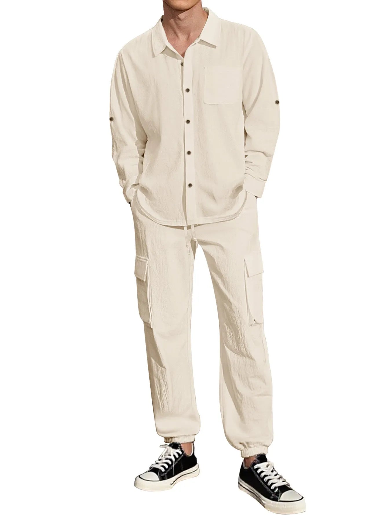 Long sleeve lapel linen shirt and trousers suit set for women in apricot colour on white background