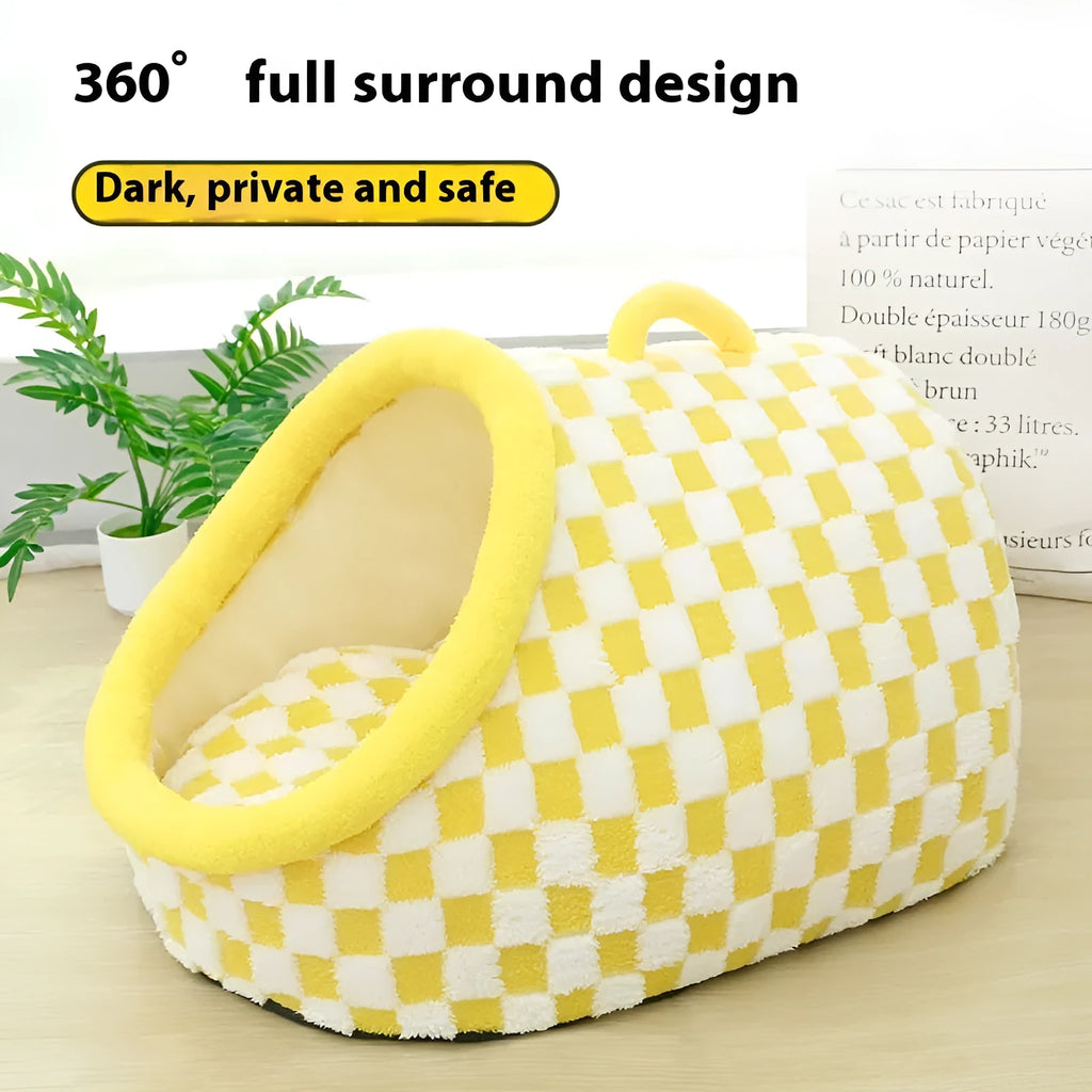 Four Seasons semi-enclosed dog bed in chessboard yellow, cloth material, 42x30x25cm size, for indoor use