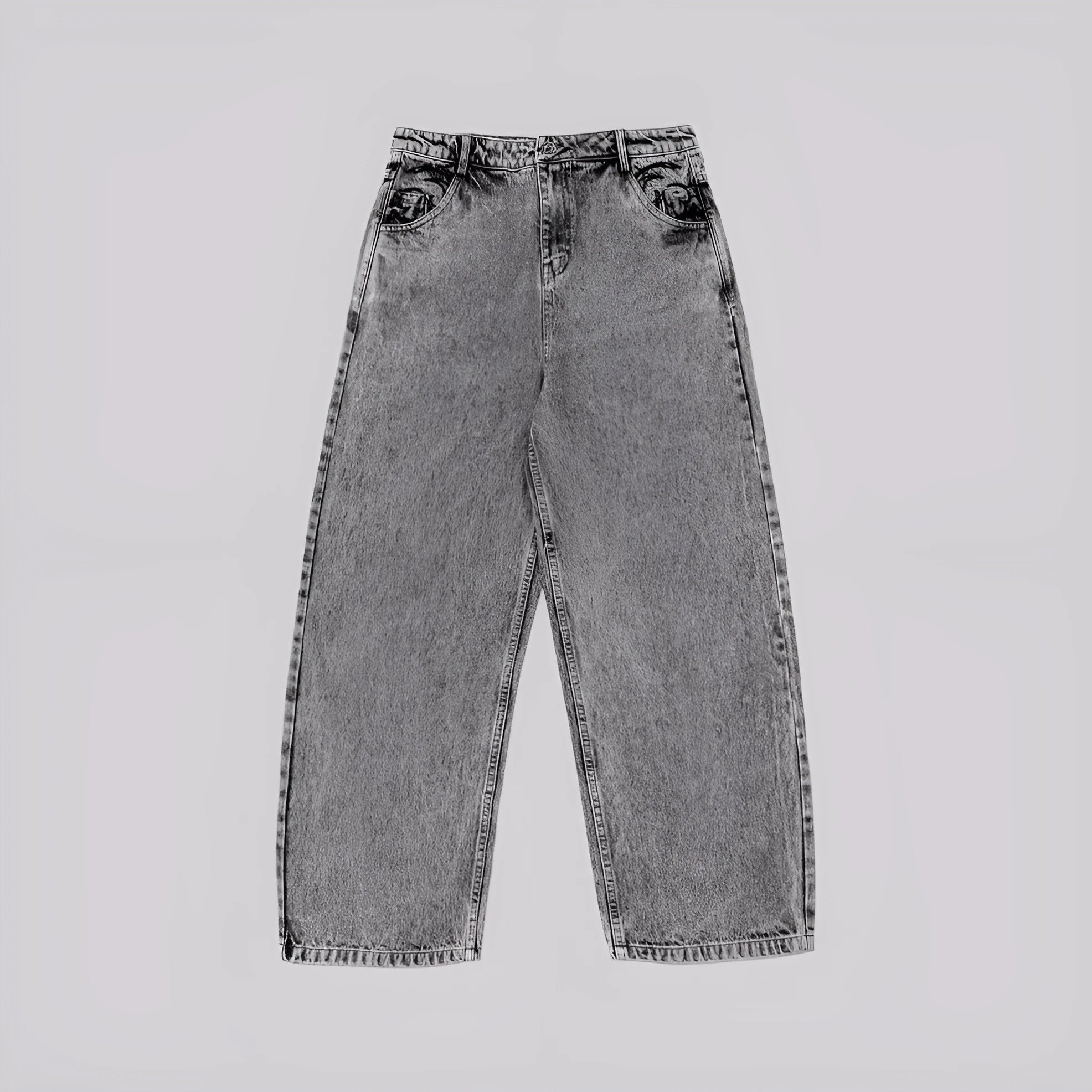Grey loose-fit straight-leg cotton denim trousers on a hanger.