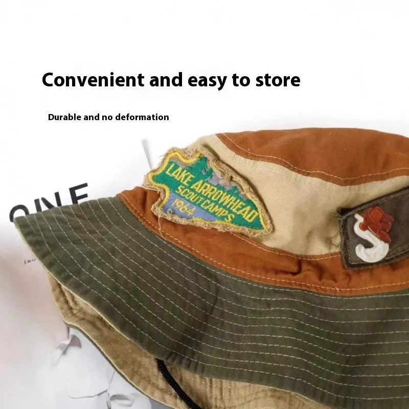 Army Green women's fisherman hat with patchwork design and hand-painted details on cotton fabric