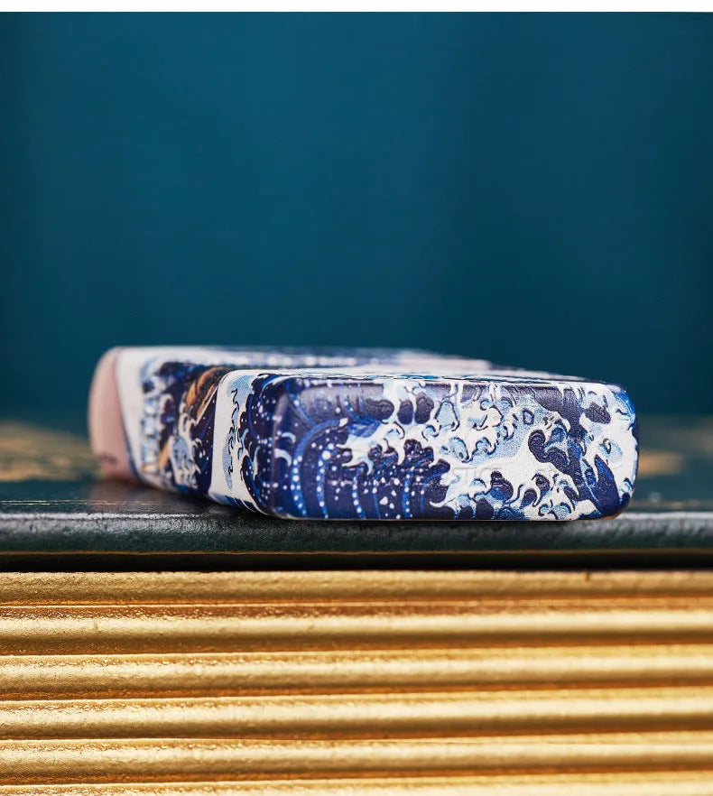 Colored lacquer Kanagawa surf windproof lighter with steel inner liner and copper housing, 58x39x13mm