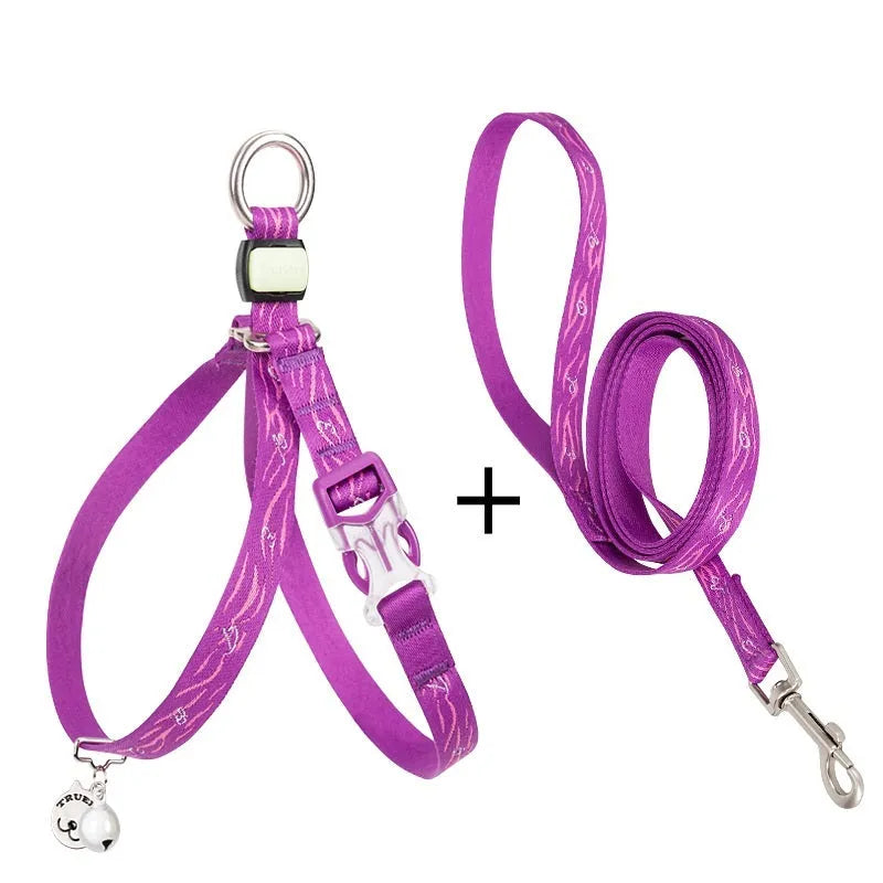 Pet cat bell chest strap harness with lead in blue, polyester jacquard mesh, adjustable size for small dogs