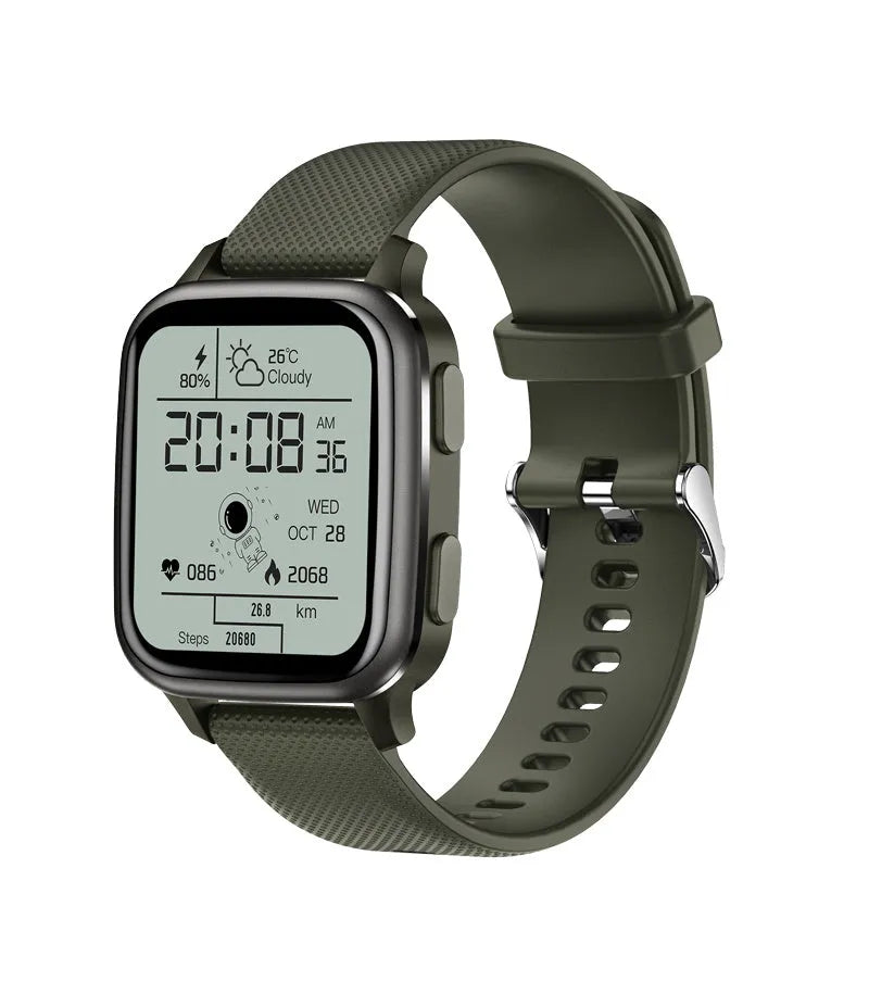 Aluminium alloy smartwatch showing a black strap and watch face with health tracking display.
