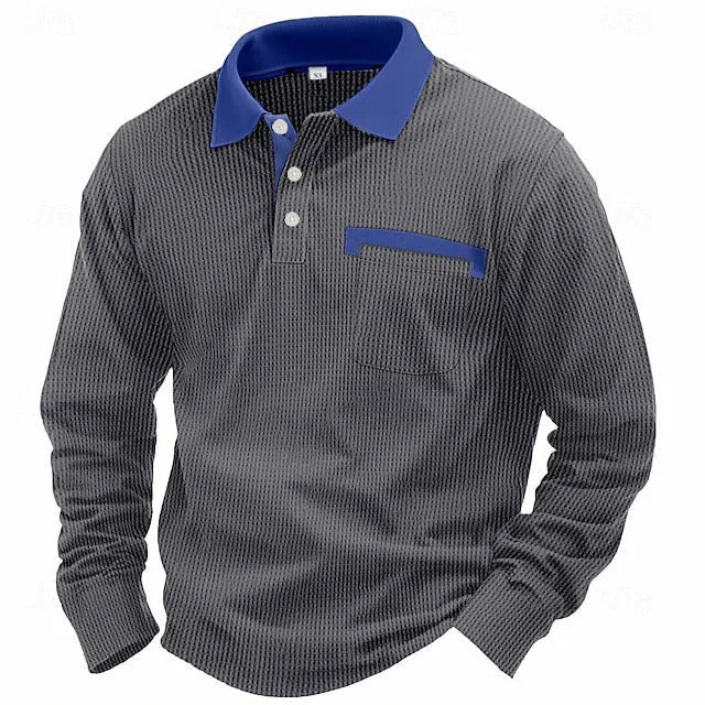 Man wearing a long-sleeved waffle-texture polo shirt in a solid colour with a loose, retro fit.