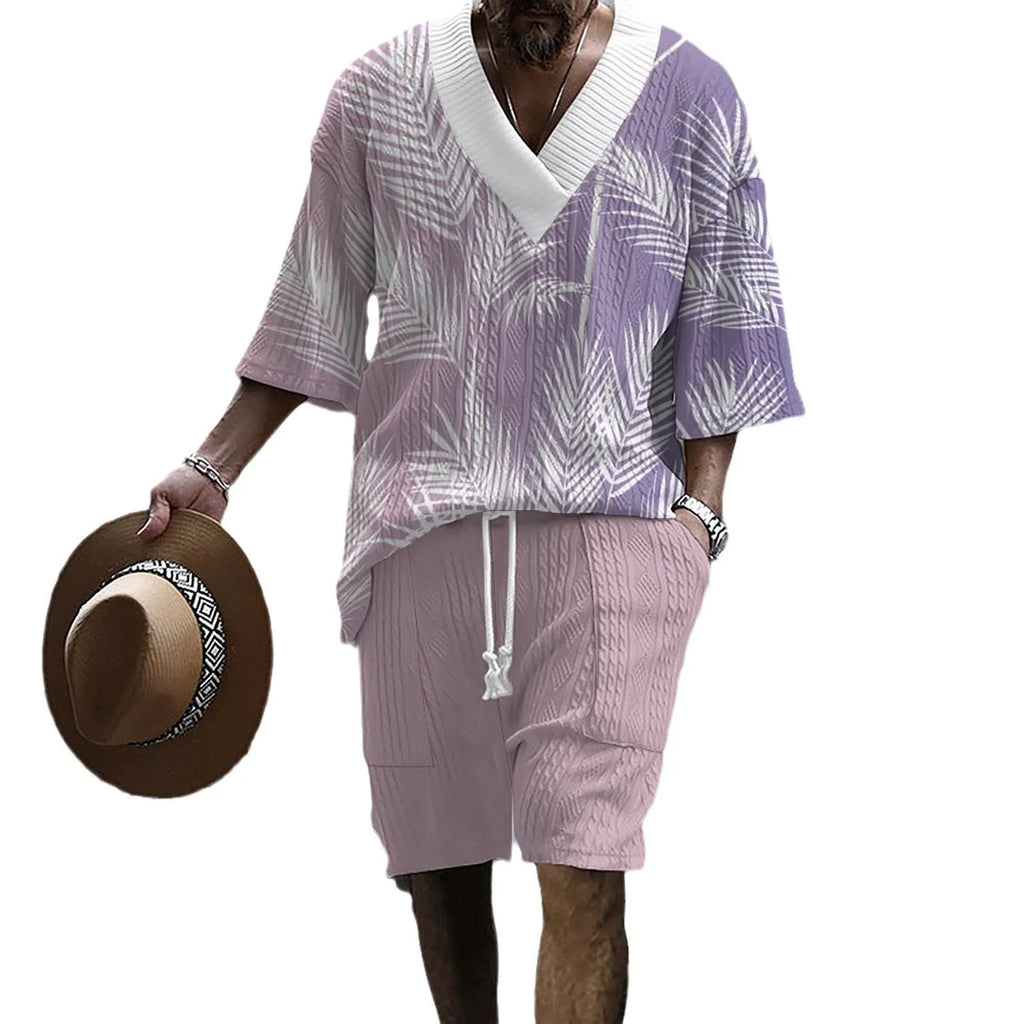 Men's printed knitted shorts suit with drop-shoulder short-sleeve top and matching shorts in chemical fibre blend fabric